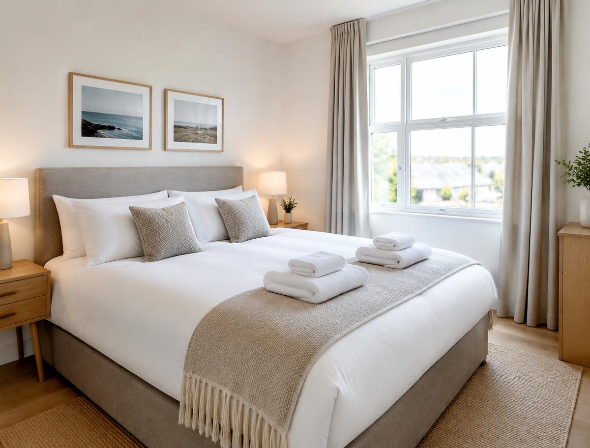 Guest-ready short-let bedroom with fresh linen and folded towels